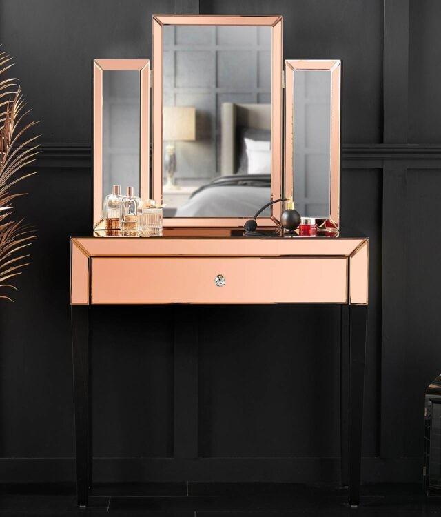 Rose Gold Folding Mirror Mirrored Desk, Rose Gold Dresser With Mirror