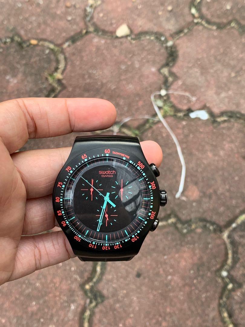 Swatch In Dark Chronograph Black Dial SS Silicone Quartz Men s