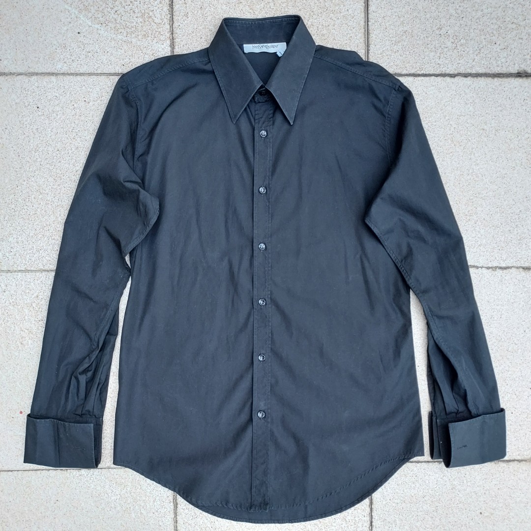 yves st laurent dress shirt Plaid Button Up KingsPIER vintage Concealed front button closure Pointed collar One Summer nighttime outfit playing with