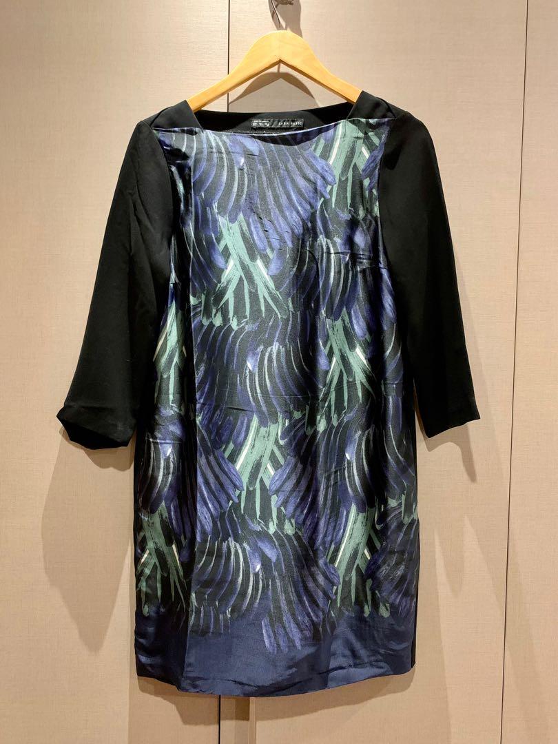 Zara satin dress (Category: Dresses) located in Mandaluyong City. Submitted by declutterila (Listing ID 1133969404, Image 1). Description: Very elegant quarter-sleeves dress. The middle part is purple, blue and green satin, while the sleeves are black chiffon. Can be paired with flats for casual wear but can also be dressed up for semi-formal occasions. Size small, but can fit semi-medium No flaws, just needs a bit of ironing. RFS: became a mom o