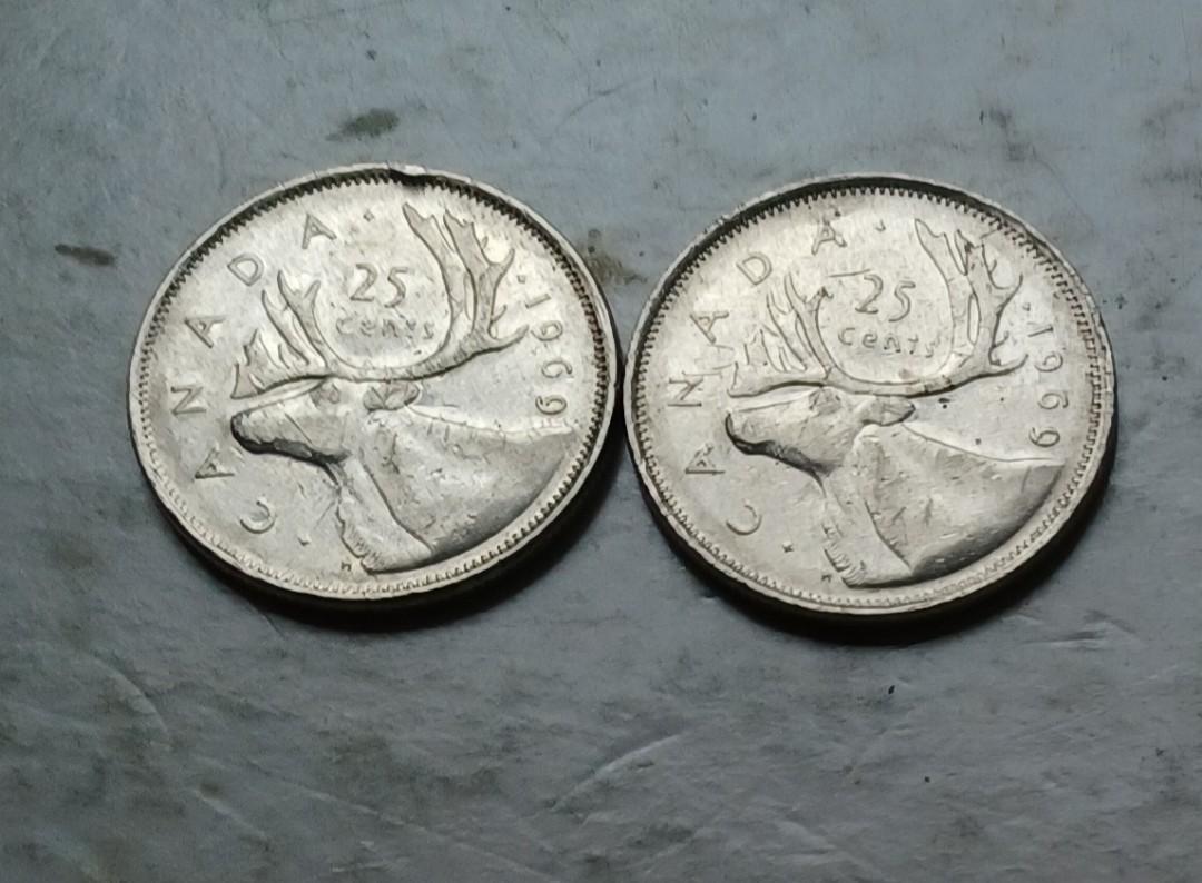 加拿大1969年25仙硬幣共2枚（品相實物如圖）, 興趣及遊戲, 收藏品及紀念品, 錢幣- Carousell