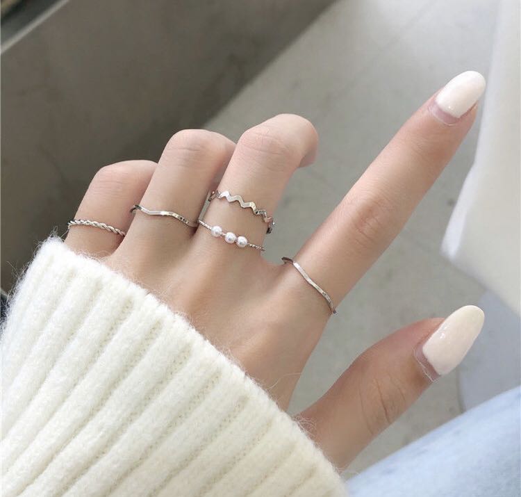 5 Silver Rings Set Minimalist Dainty Pearl Women s Fashion