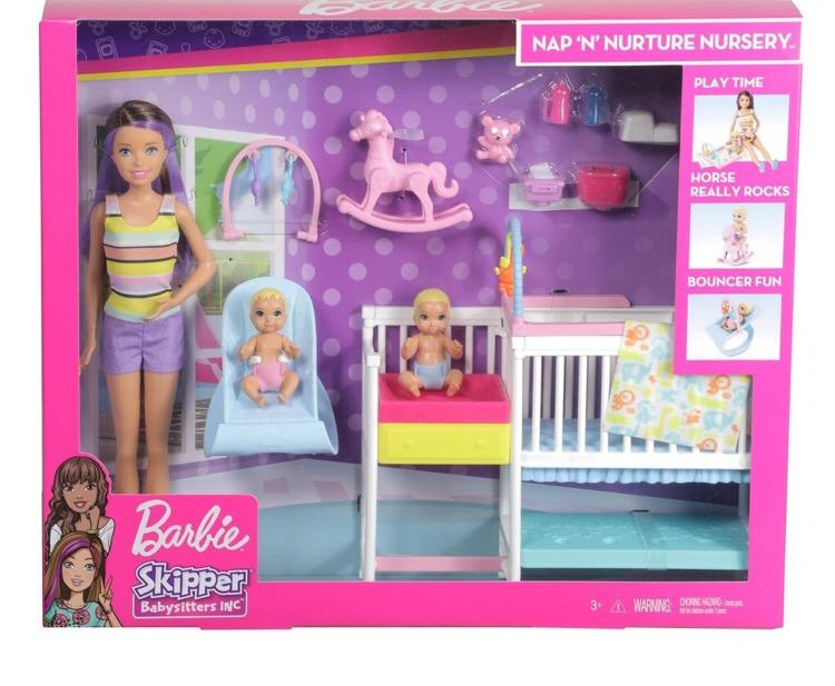 Barbie Skipper Babysitter nursery set doll twin baby cot rocking horse