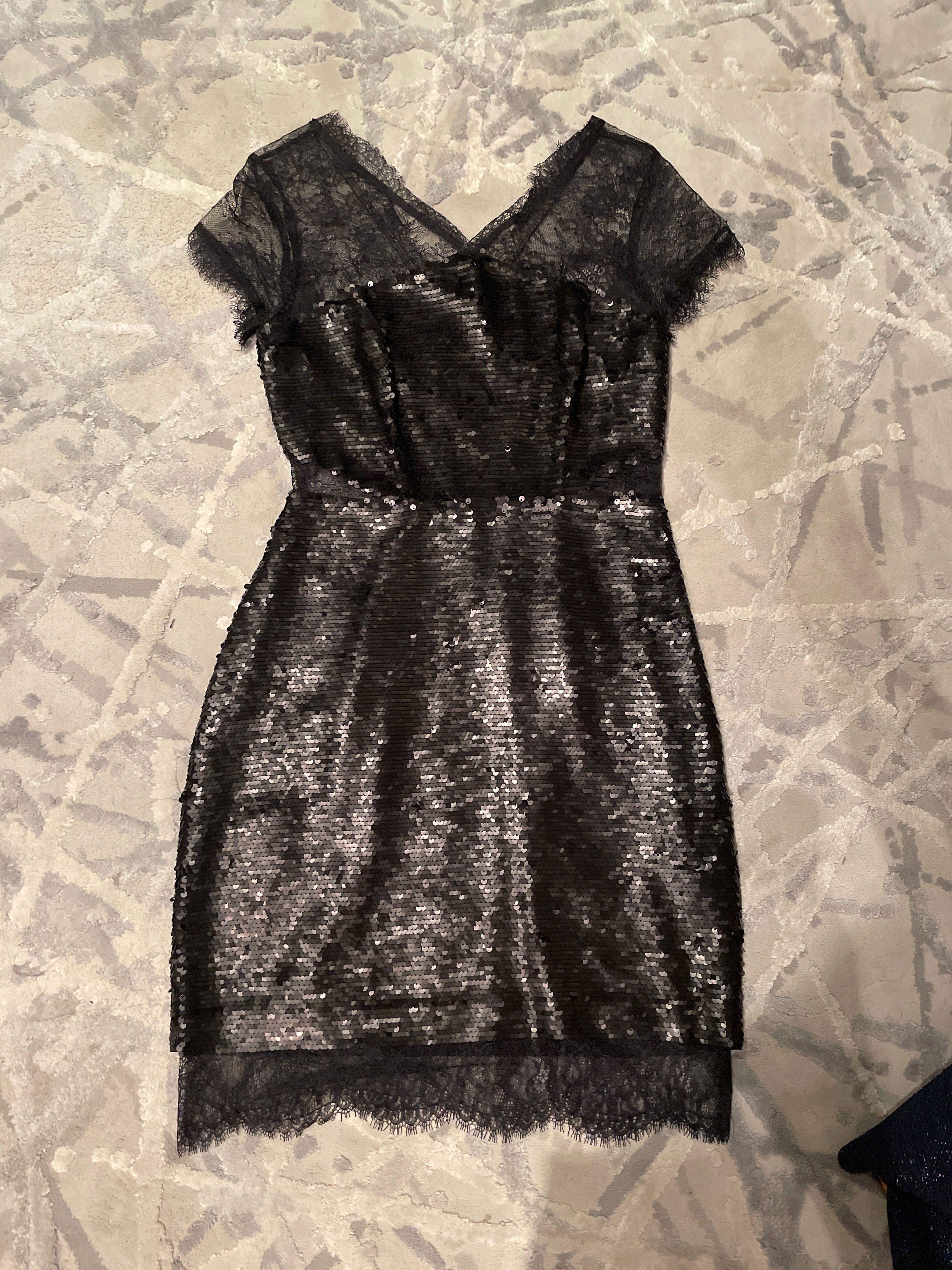 BCBG Black Lace and Sequinned Mini Dress, Women's Fashion, Dresses