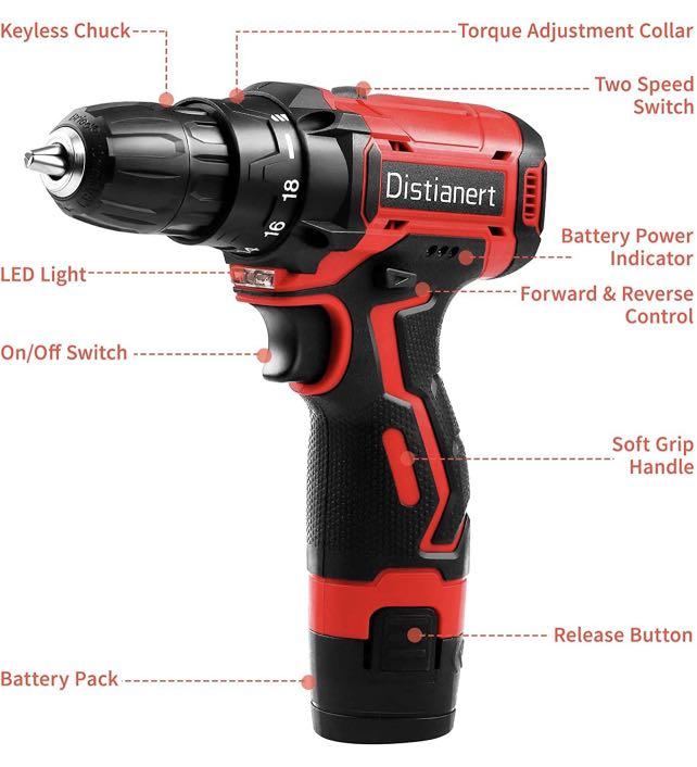 Distianert Cordless Drill Driver 12.6V 34Pcs Combi Drill Set with