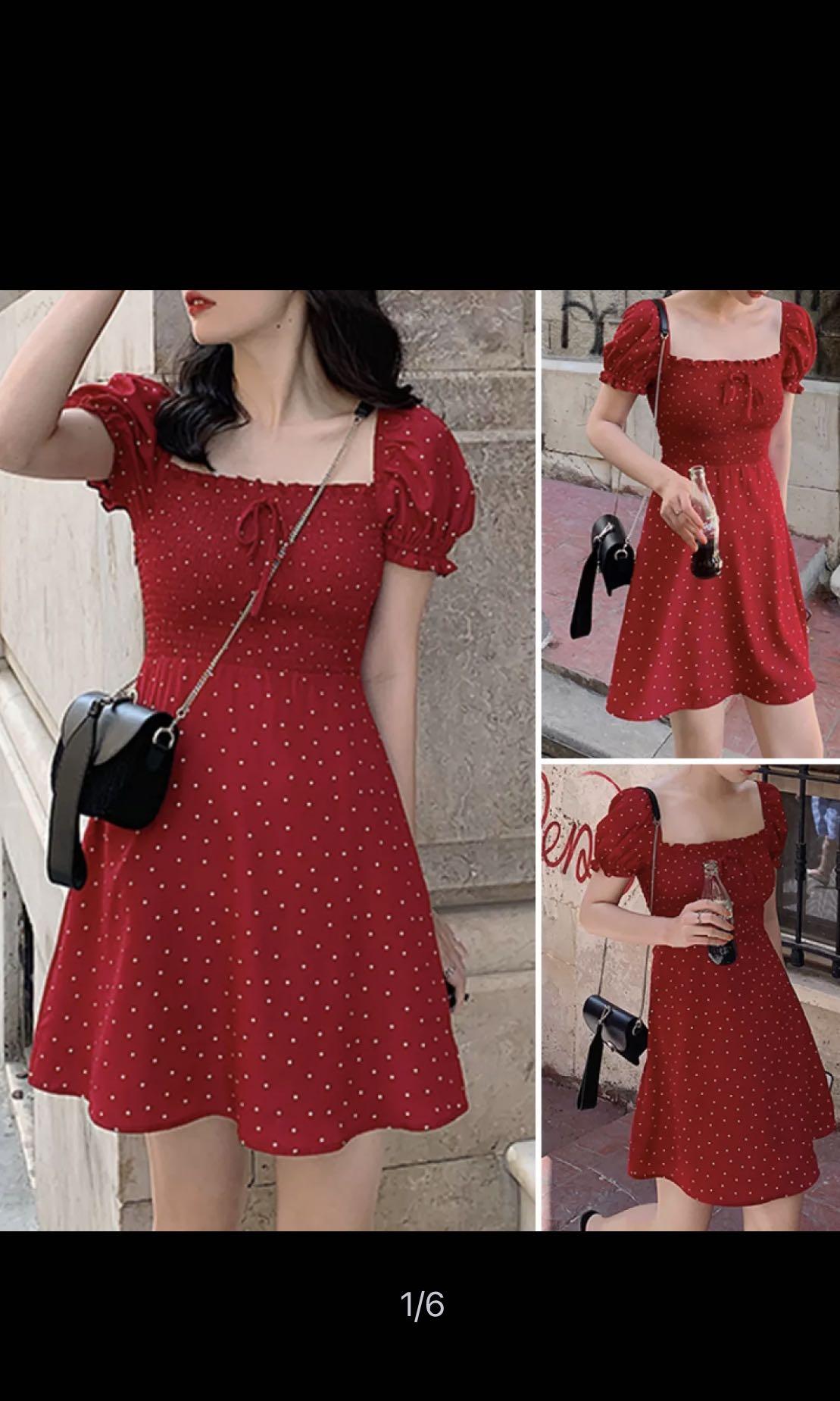 Korean polka dot babydoll dress in red, Women's Fashion, Dresses & Sets