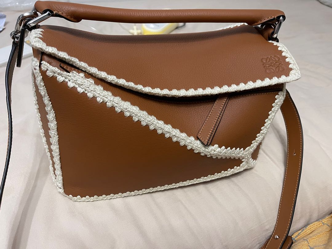 Loewe - Puzzle Tan Leather & Crochet Trim Medium Bag