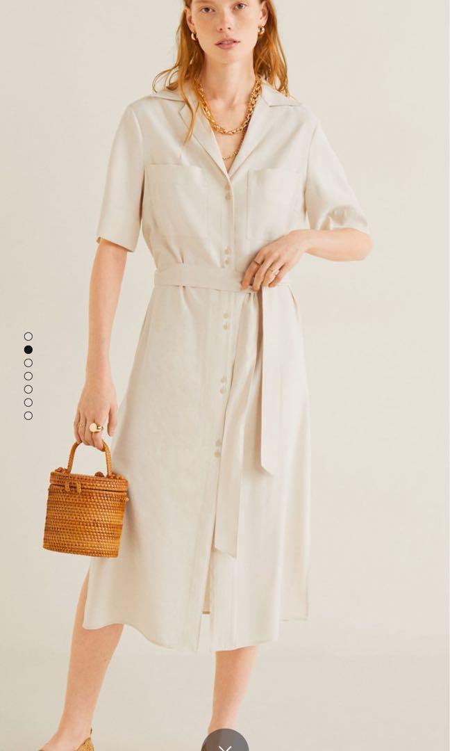 mango bow lapels dress cream, Fesyen 