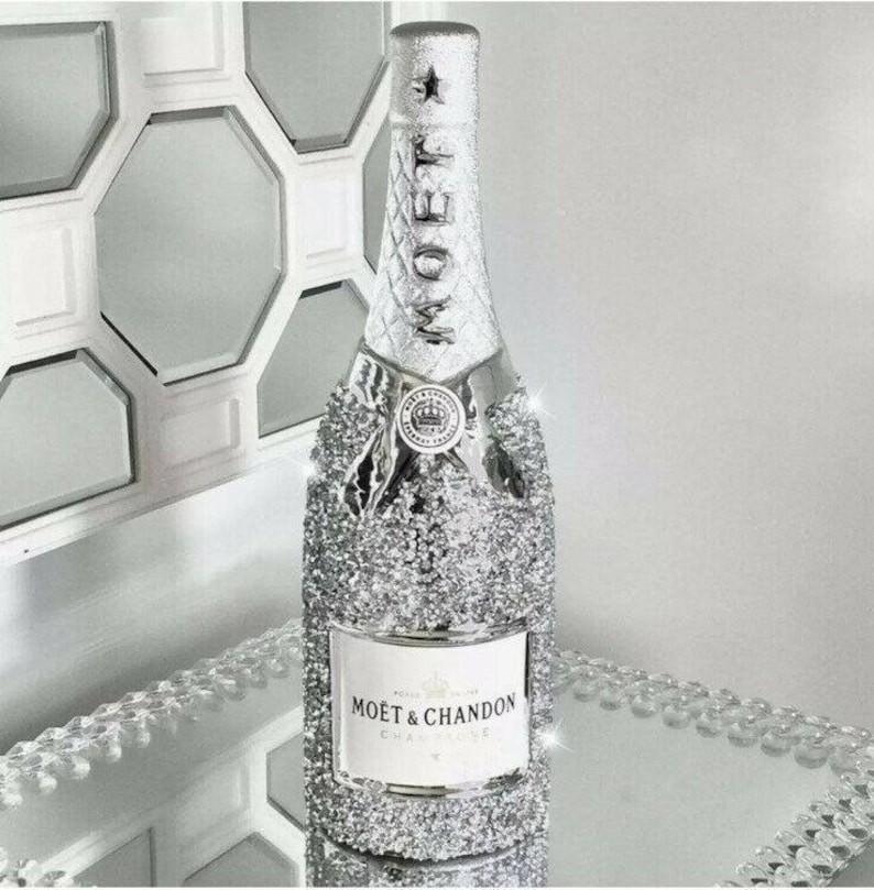 Stunning Figurine Silver Crushed Diamond Champagne Bottle Crystal Ornament Home Decor Gift Diamante