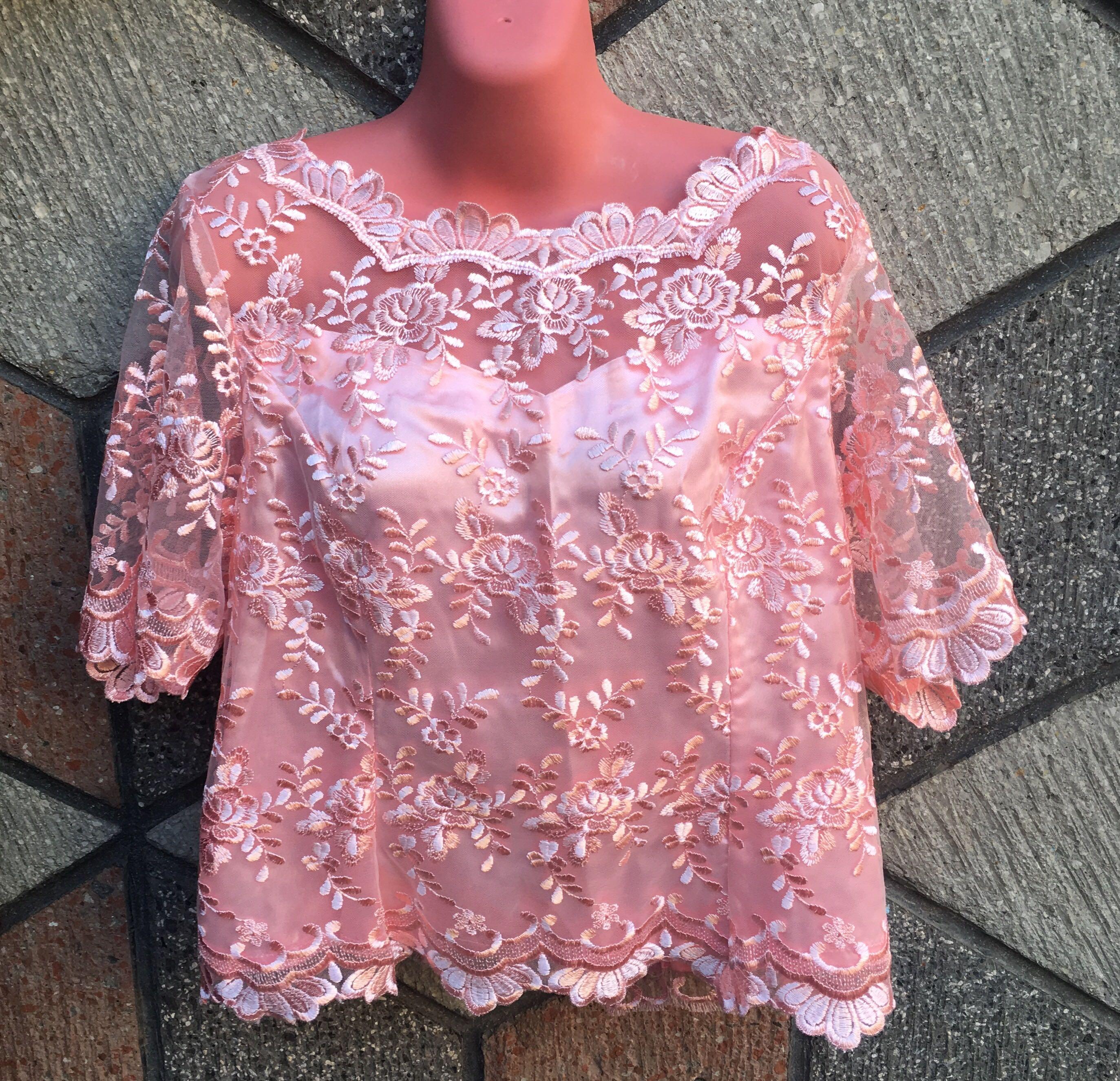 Large pink floral embroidered mesh blouse for wedding and other