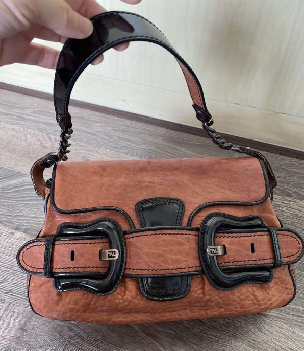 Authentic Vintage Fendi FF Baguette B Buckle Full Leather Shoulder Sling Tote HandBag in Cognac Ostrich Leather Black