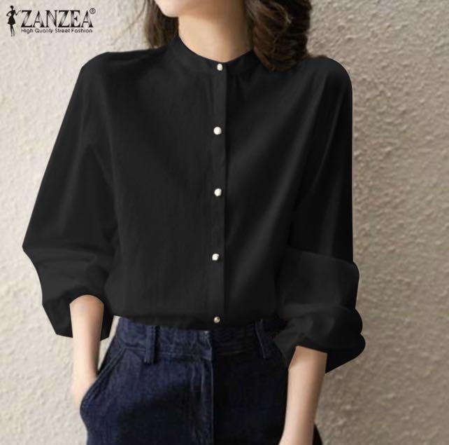 ZANZEA Women Korean Style Elegant Long Sleeve O Neck Solid Color Button Down Blouse Black