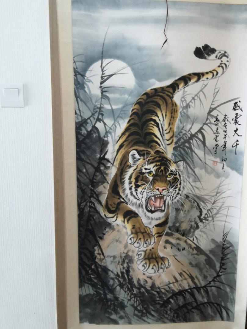 新作ウエア 虎之図 晃清画 水墨画 肉筆 掛け軸 虎 絵画