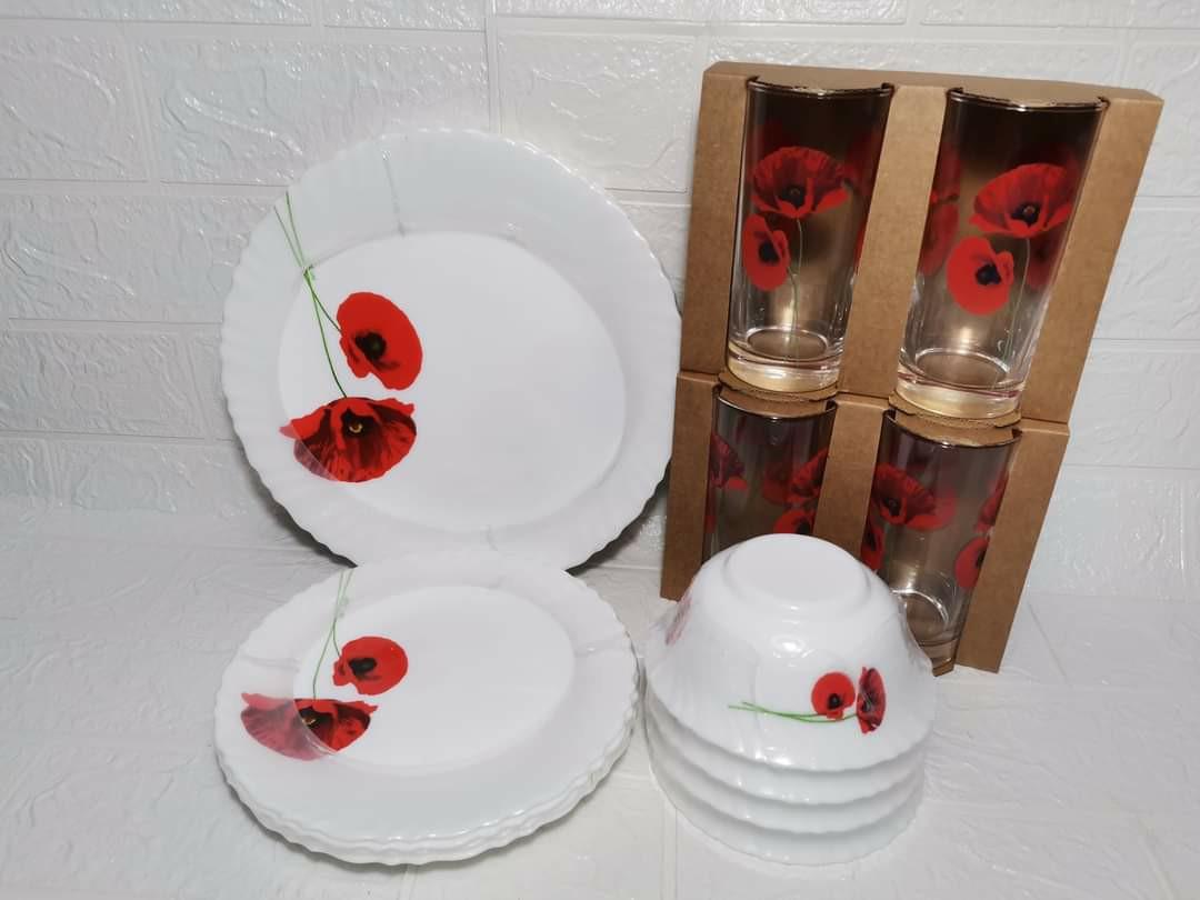 ARC Dinner set Made in UAE 16pcs (Category: Dinnerware & Cutlery) located in Manila. Submitted by JBAL.GEN.MDSE (Listing ID 1129274770, Image 3). Description: ARC Dinner Set of 16 pieces Material: Opal Made in U.A.E. 4 pcs - 25cm Dinner Plate 4 pcs - 19cm Dessert Plate 4 pcs - 12.5cm Bowl 4 pcs - 27cl Drinking Glass.