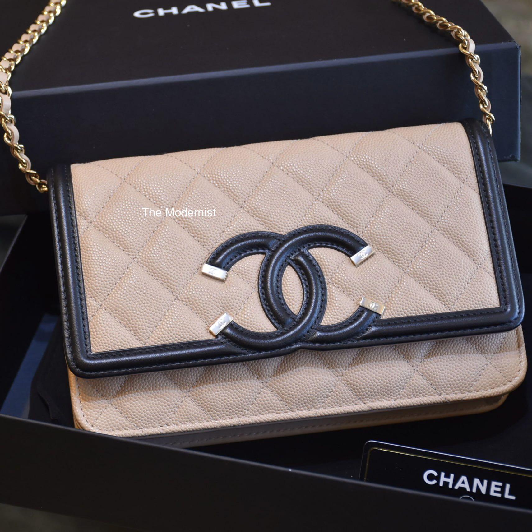 Authentic Chanel Filigree CC Wallet On Chain Beige Caviar Leather Black Trim Luxury Bags Wallets on Carousell