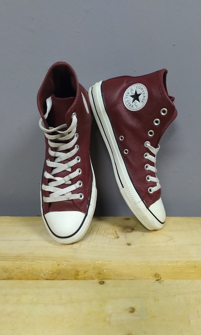 Maroon leather sales converse high tops