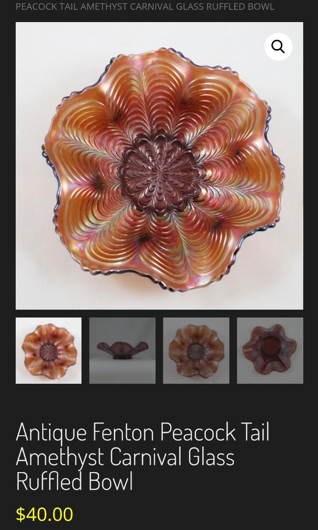 Fenton Progressive Set Fenton Peacock Tail Feather Marigold Bowl/ Carnival Glass, Hobbies ...