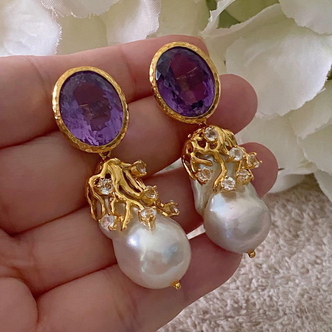 SOLD Genuine amethyst earrings with baroque pearls Women s
