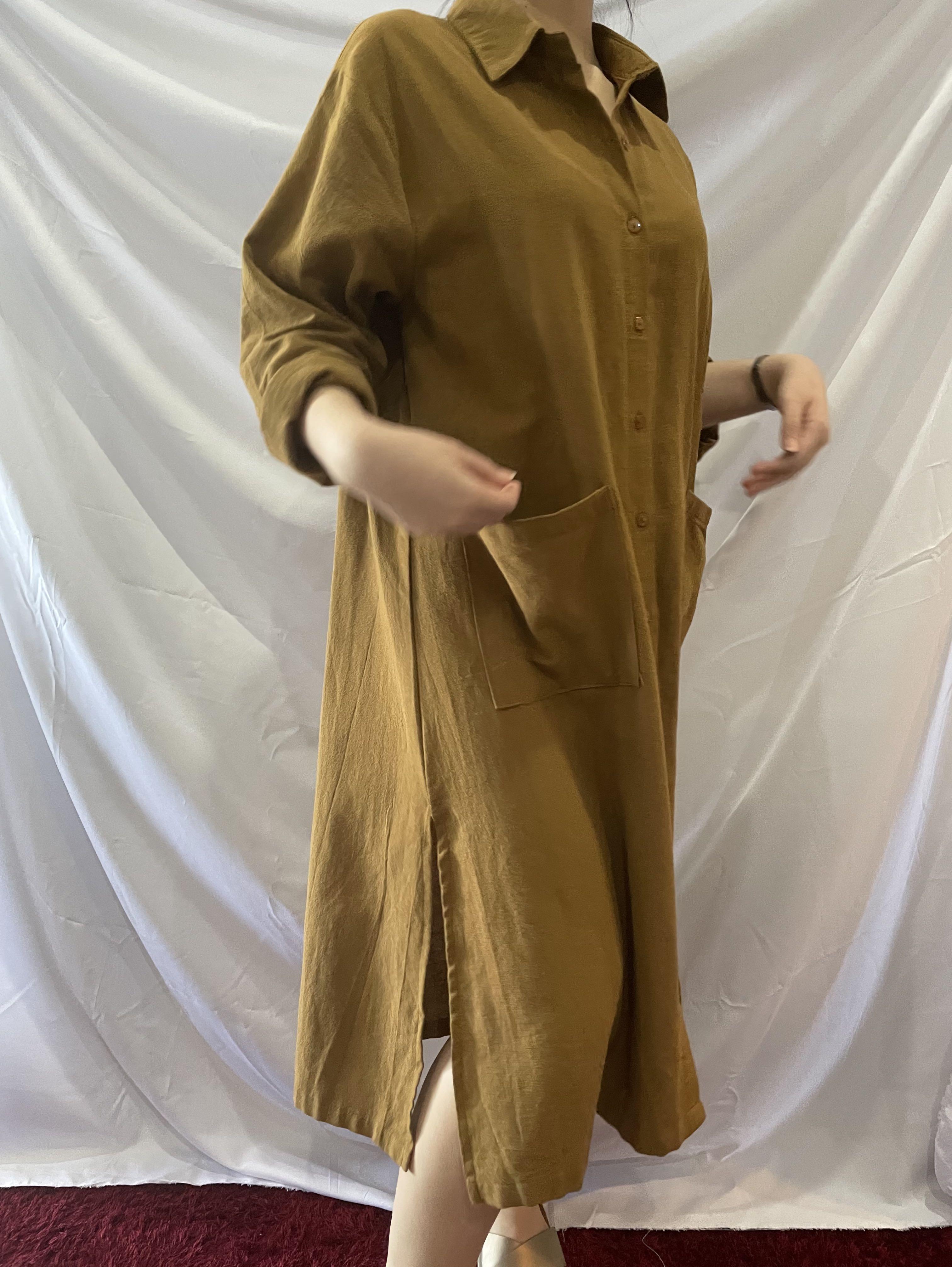 Oversized Dress in Mustard Korean Look Linen Dress, Fesyen Wanita