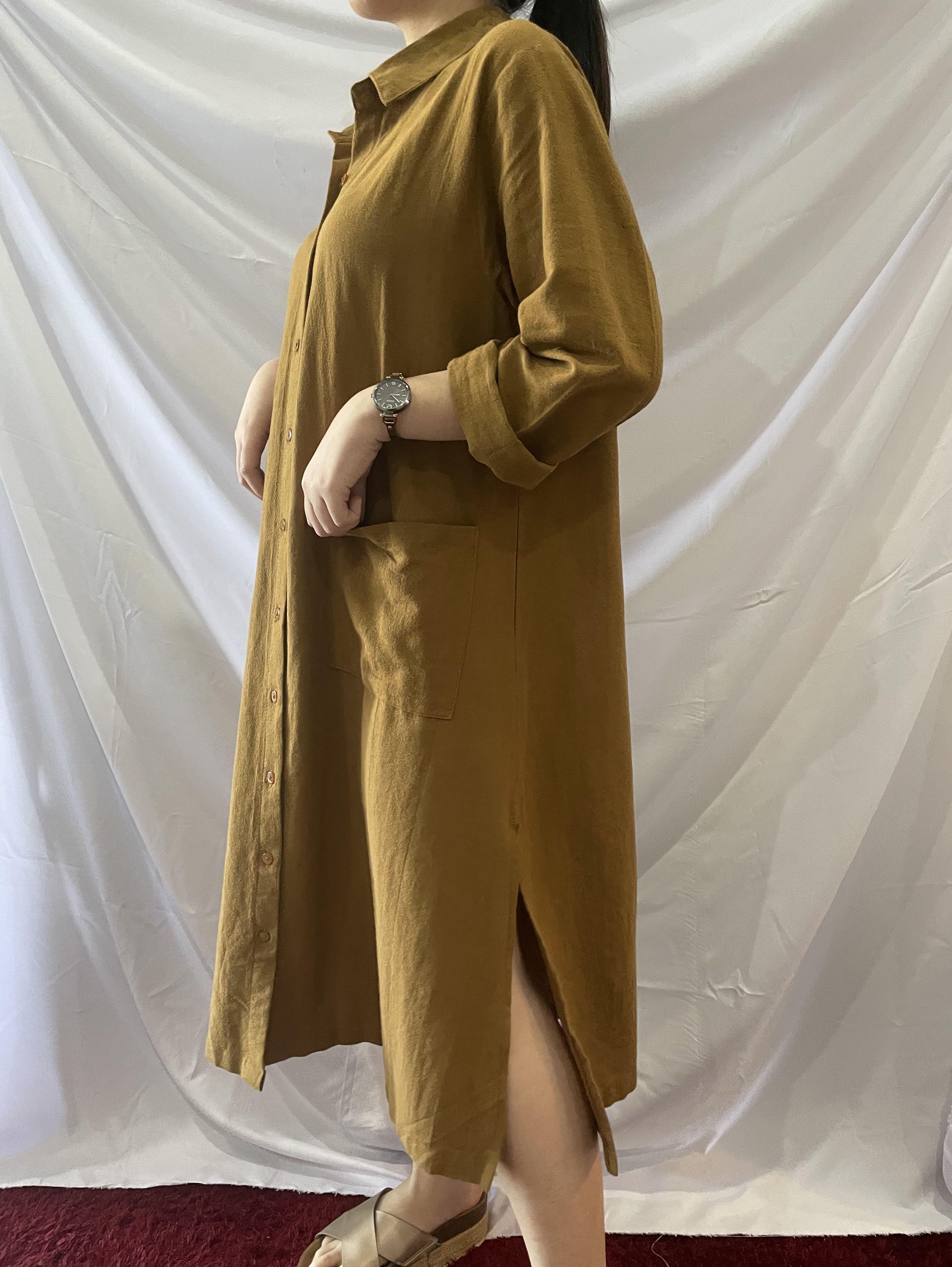 Oversized Dress in Mustard Korean Look Linen Dress, Fesyen Wanita
