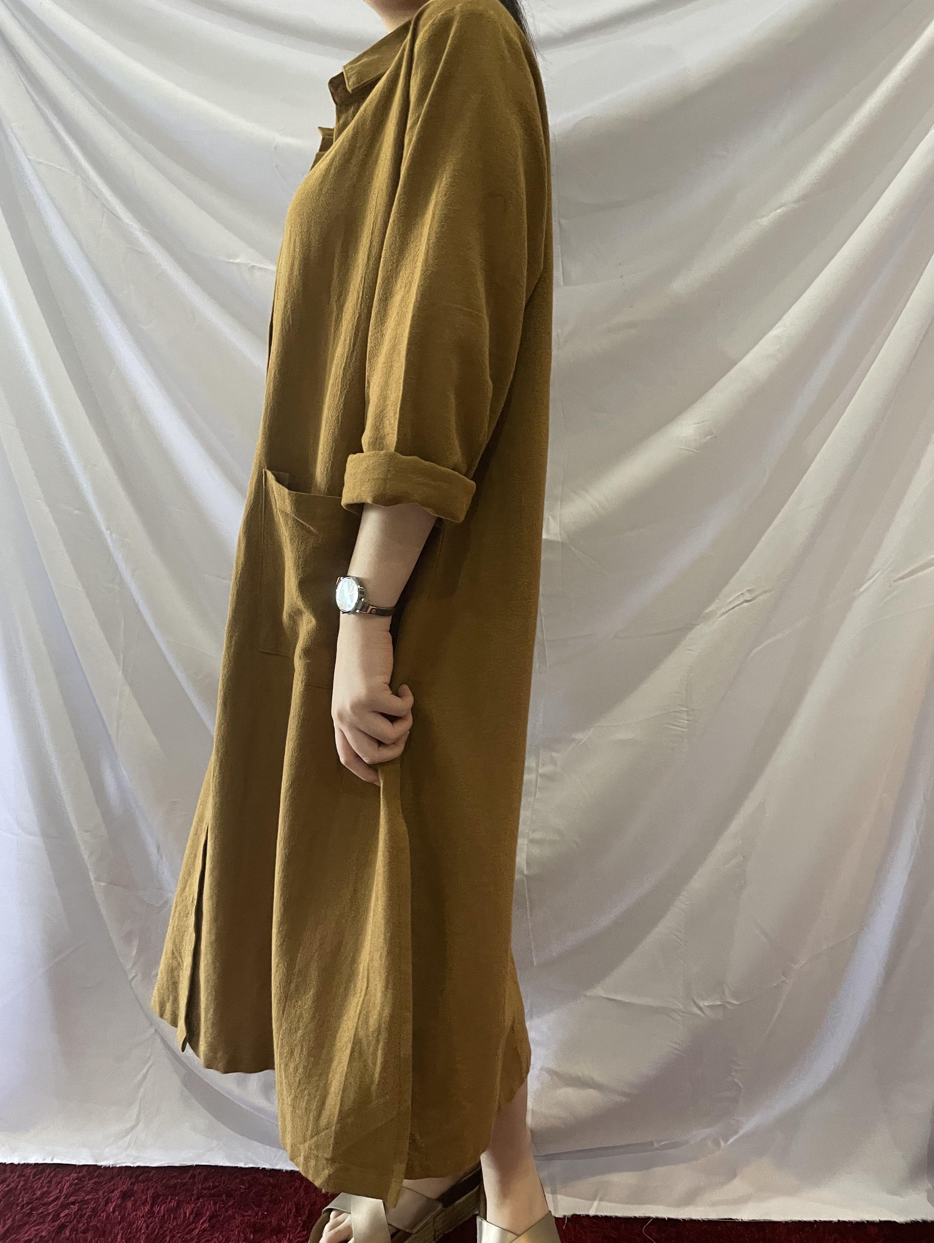 Oversized Dress in Mustard Korean Look Linen Dress, Fesyen Wanita