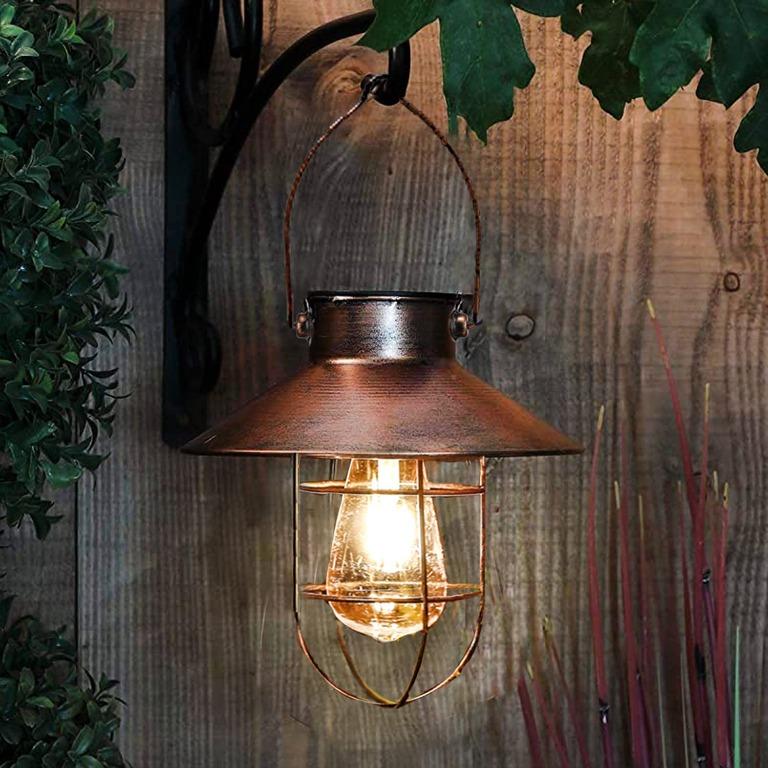 pearlstar Solar Lantern Outdoor Hanging Light Metal Solar Lamp with Warm  White Edison Bulb Design for Garden Yard Patio Porch Decor(Copper,),  Furniture  Home Living, Lighting  Fans, Lighting on Carousell