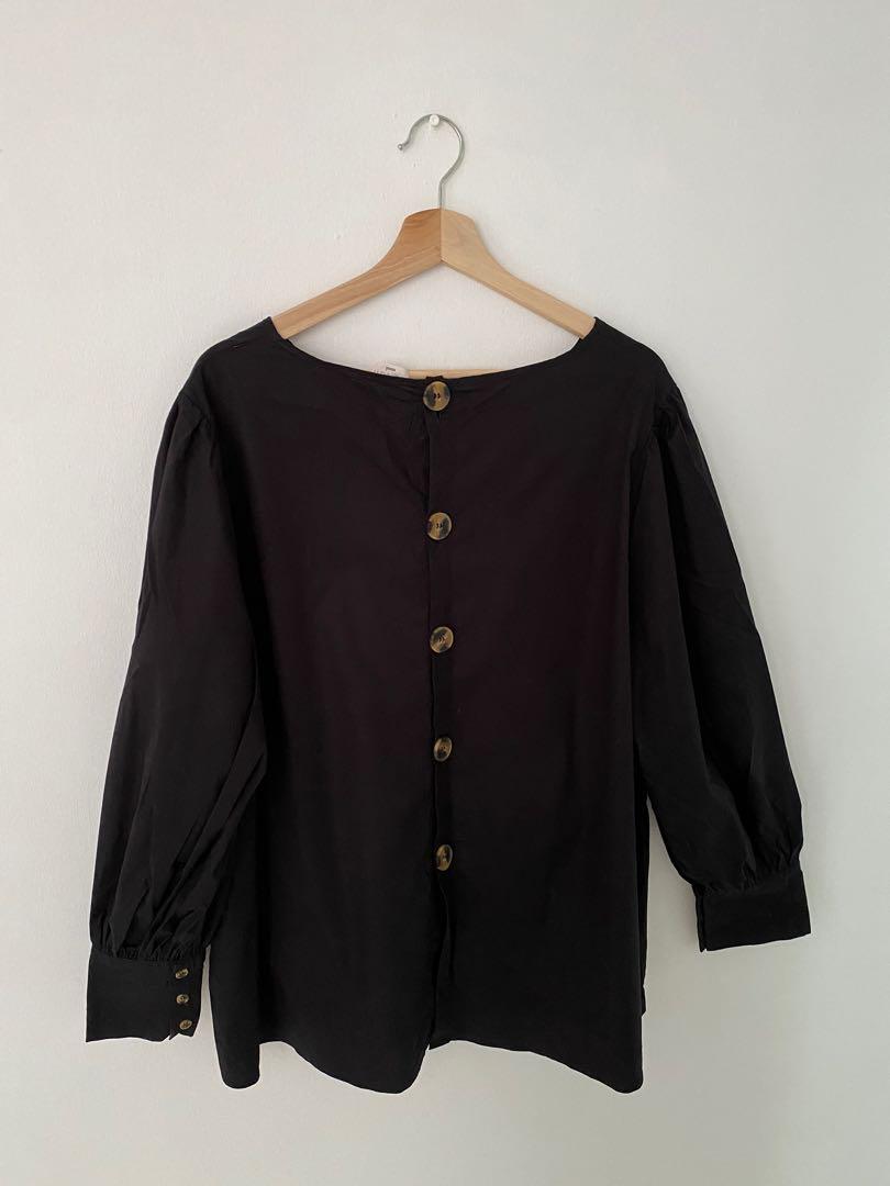 Poplook black cotton blouse, Women's Fashion, Tops, Blouses on Carousell