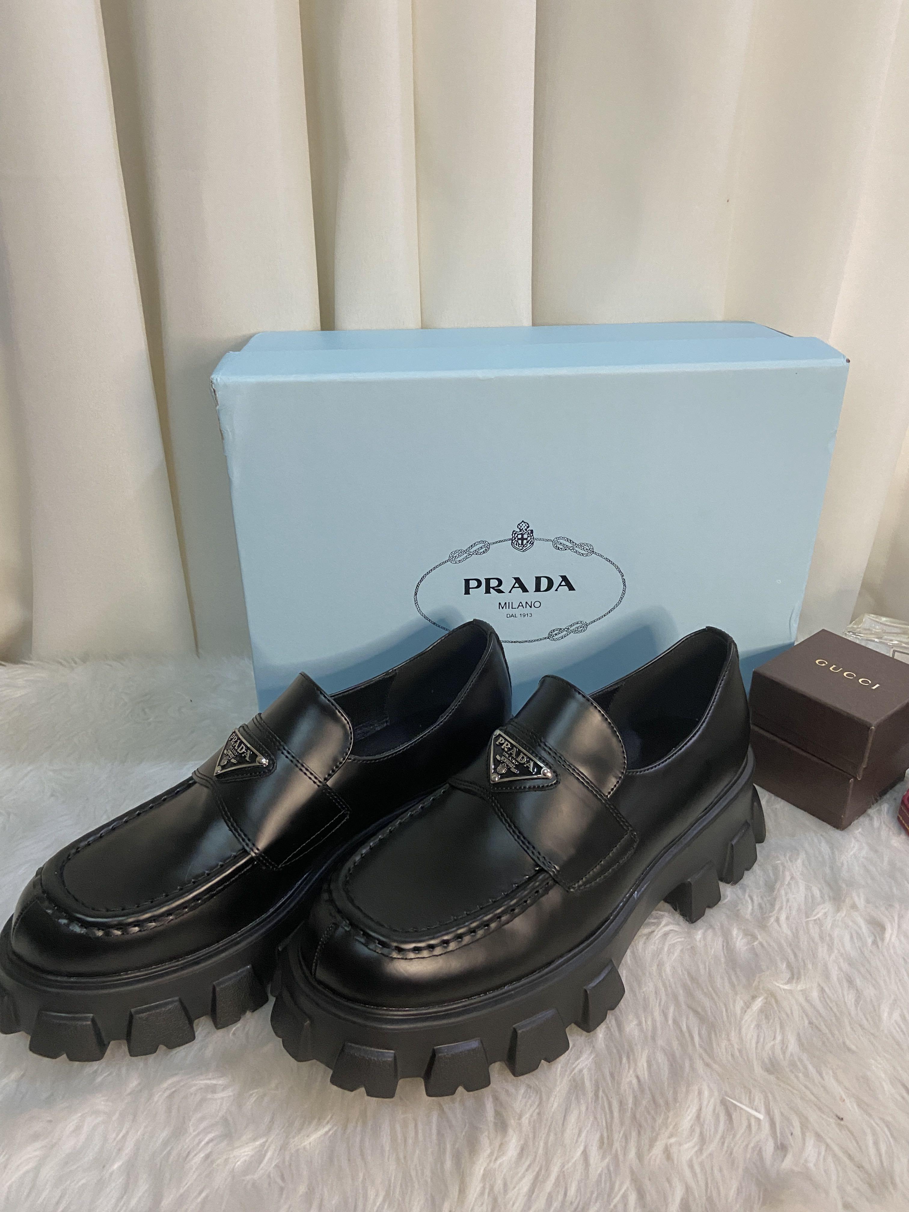 Prada black monolith brushed leather loafers preorder, Luxury, Sneakers &  Footwear on Carousell
