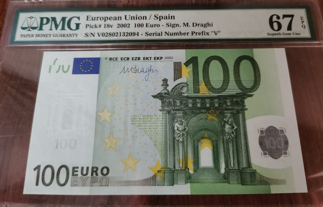 European Union - Spain 5 Euros Banknote, 2002, P-8v, Prefix V, PMG 66