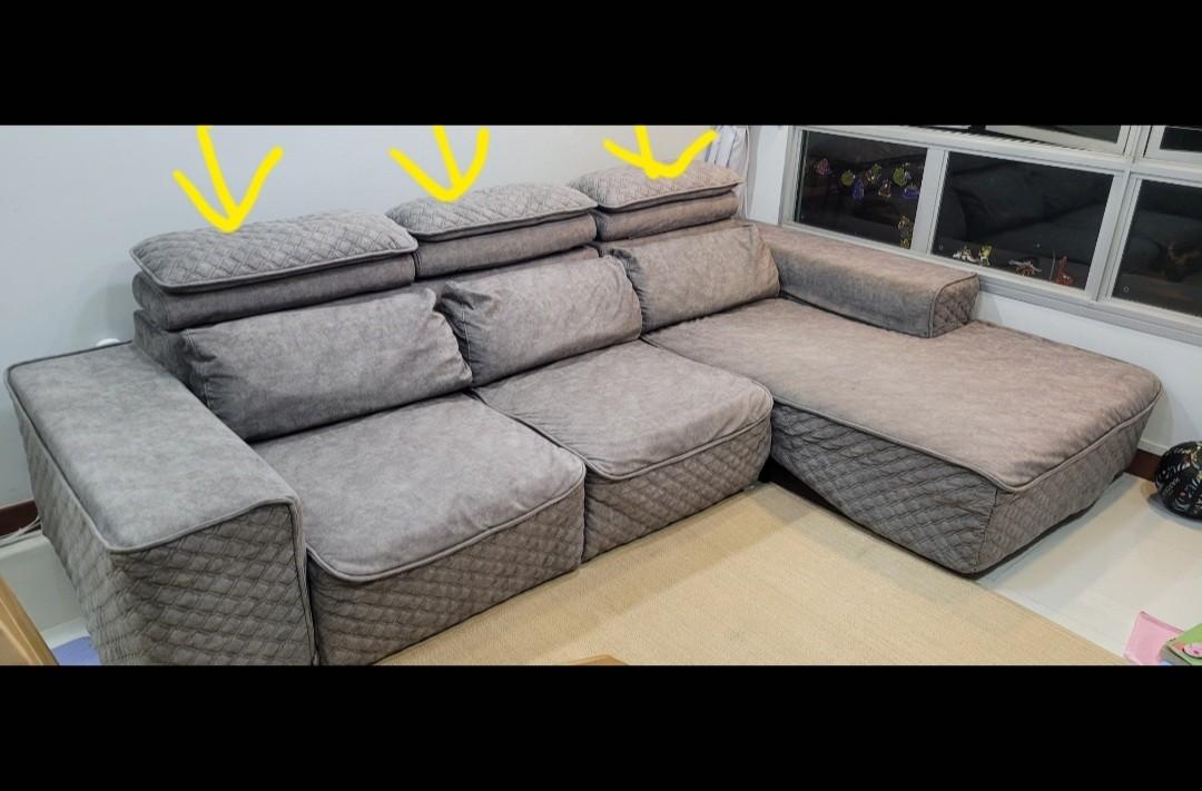 Sofa (Category: Sofas) located in Singapore. Submitted by plxf_ (Listing ID 1129438035, Image 3). Description: very large good quality sofa original price $1999 fabric material is of good quality, very soft and smooth. stains can be wiped away easily. removable and washable covers very comfortable cushioning adjustable headrests- see pics 2 of the seats can be pushed out further to make it even more comfortable- see pics comes with small secret h