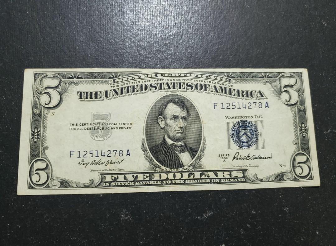 早期1953A版(藍印)美國銀票5 美元US$5 Silver Certificate (F12514278A), 興趣及遊戲, 收藏品及紀念品,  錢幣- Carousell