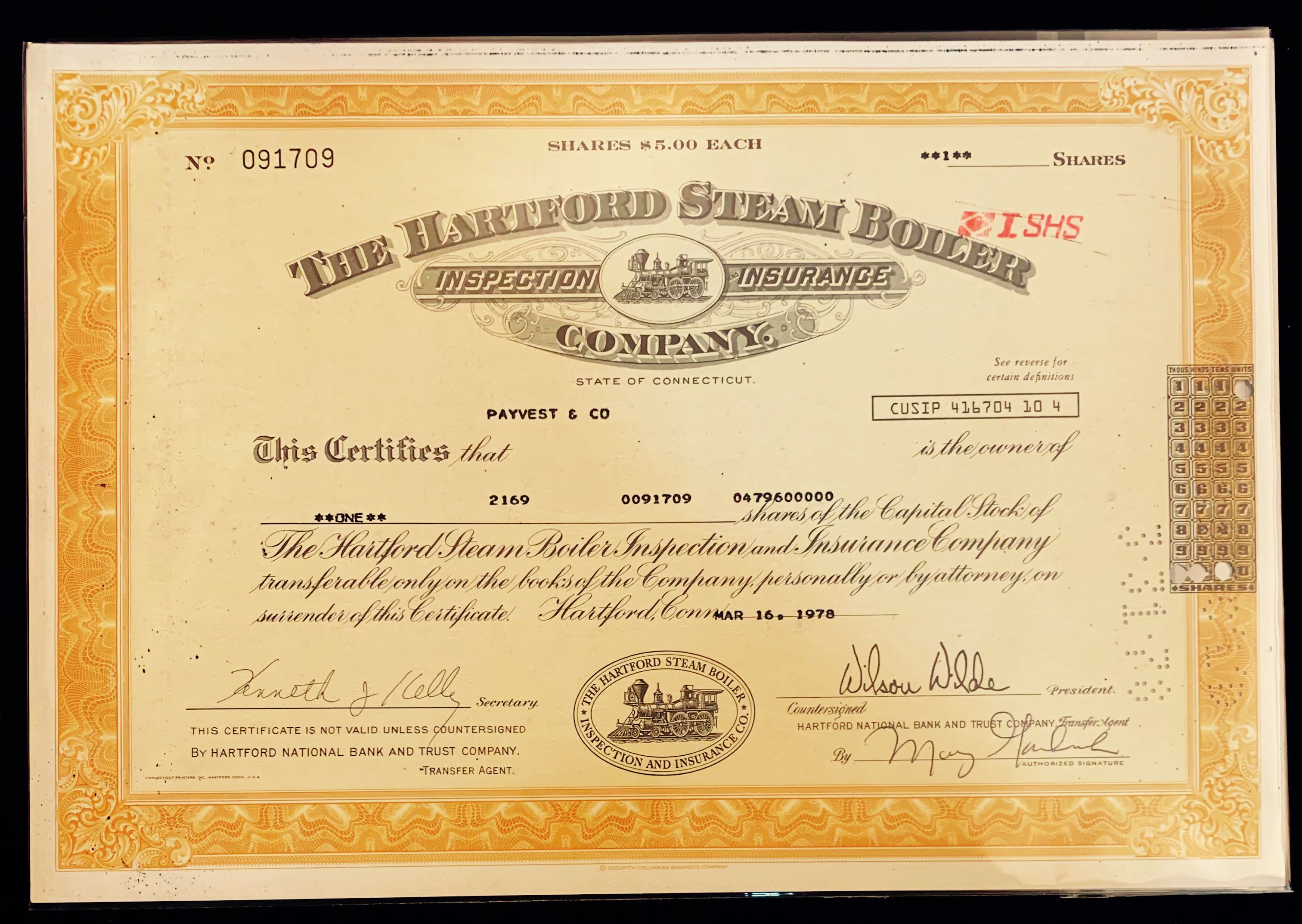The Hartford Steam Boiler Inspection Insurance Company Stock Certificate 