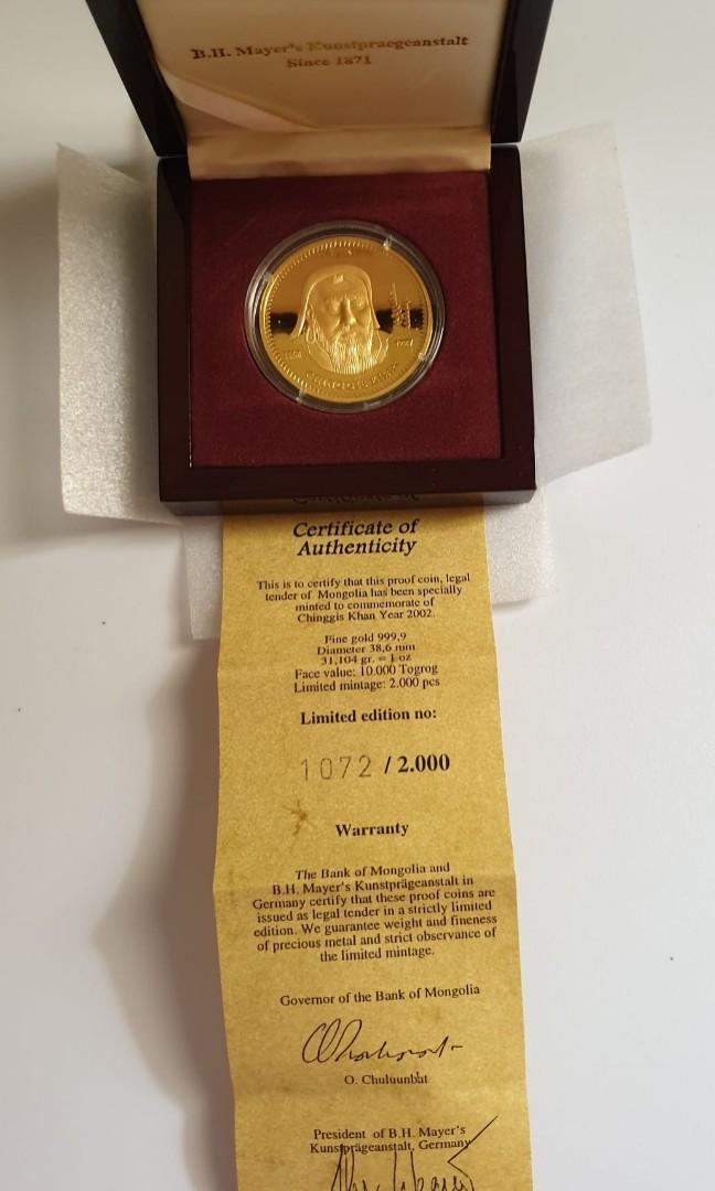 Genghis "Chinggis" Khan Gold coin 999.9, Hobbies & Toys, Memorabilia