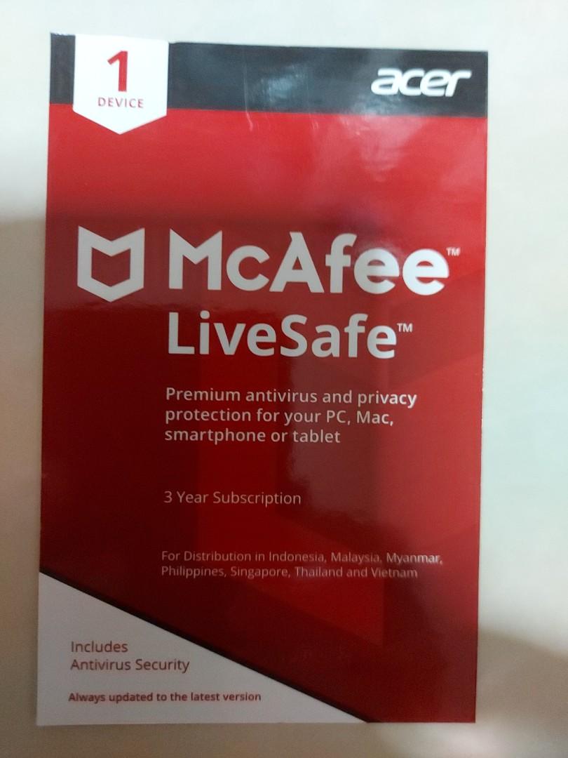 McAfee LiveSafe antivirus (3 years) (Category: Software) located in Singapore. Submitted by ckkoffers (Listing ID 1134529206, Image 1). Description: Pay less than 1 year price for 3 years PREMIUM antivirus and privacy protection for your PC, Mac, smartphone or tablet. Buy fast, stock running low!.