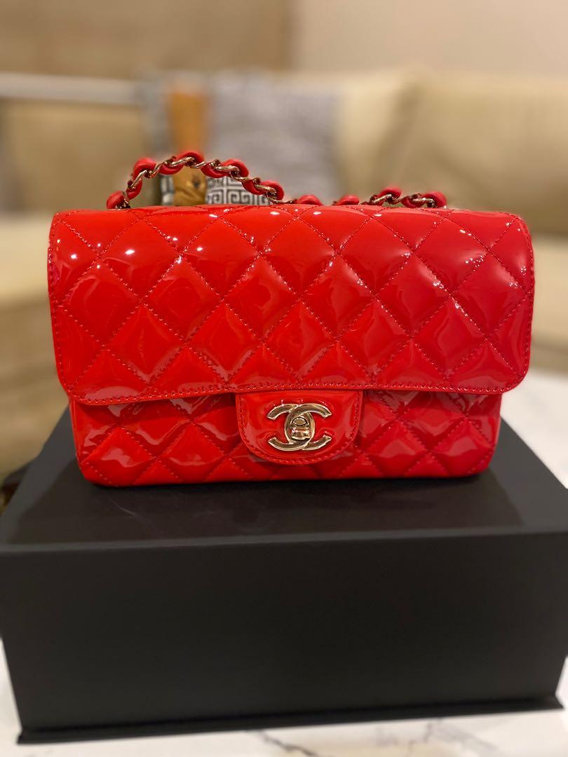 New Chanel classic flap mini rectangular rectangle red patent leather bag  silver shw not lamb skin caviar
