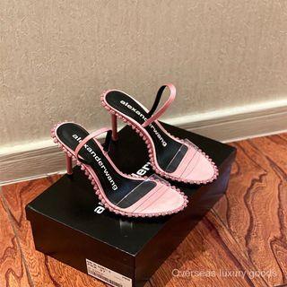 【Ready Stock oversea】AW Alexandra King Women's Transparent Rhinestone Sandals2021Summer New Internet Celebrity Pink Ankle-Strap Stilettos High Heels Fairy Style
