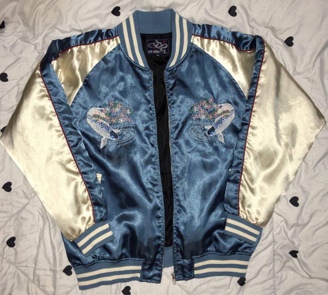 Vintage Old Mills Koi Fish Embroidered Satin Bomber Jacket