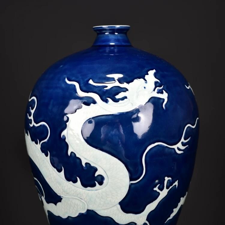祭藍釉留白龍紋梅瓶（元代風格）, 興趣及遊戲, 收藏品及紀念品, 古董
