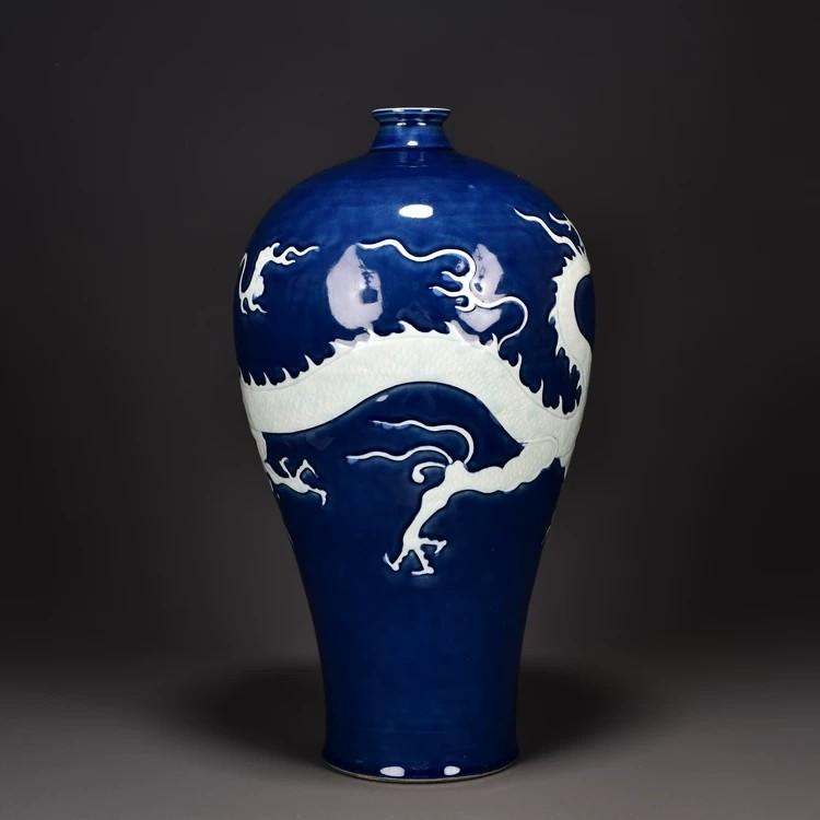 元時代藍釉雕刻留白龍紋梅瓶蓋壺一対！ 高50ｃｍ 直径28ｃｍ-