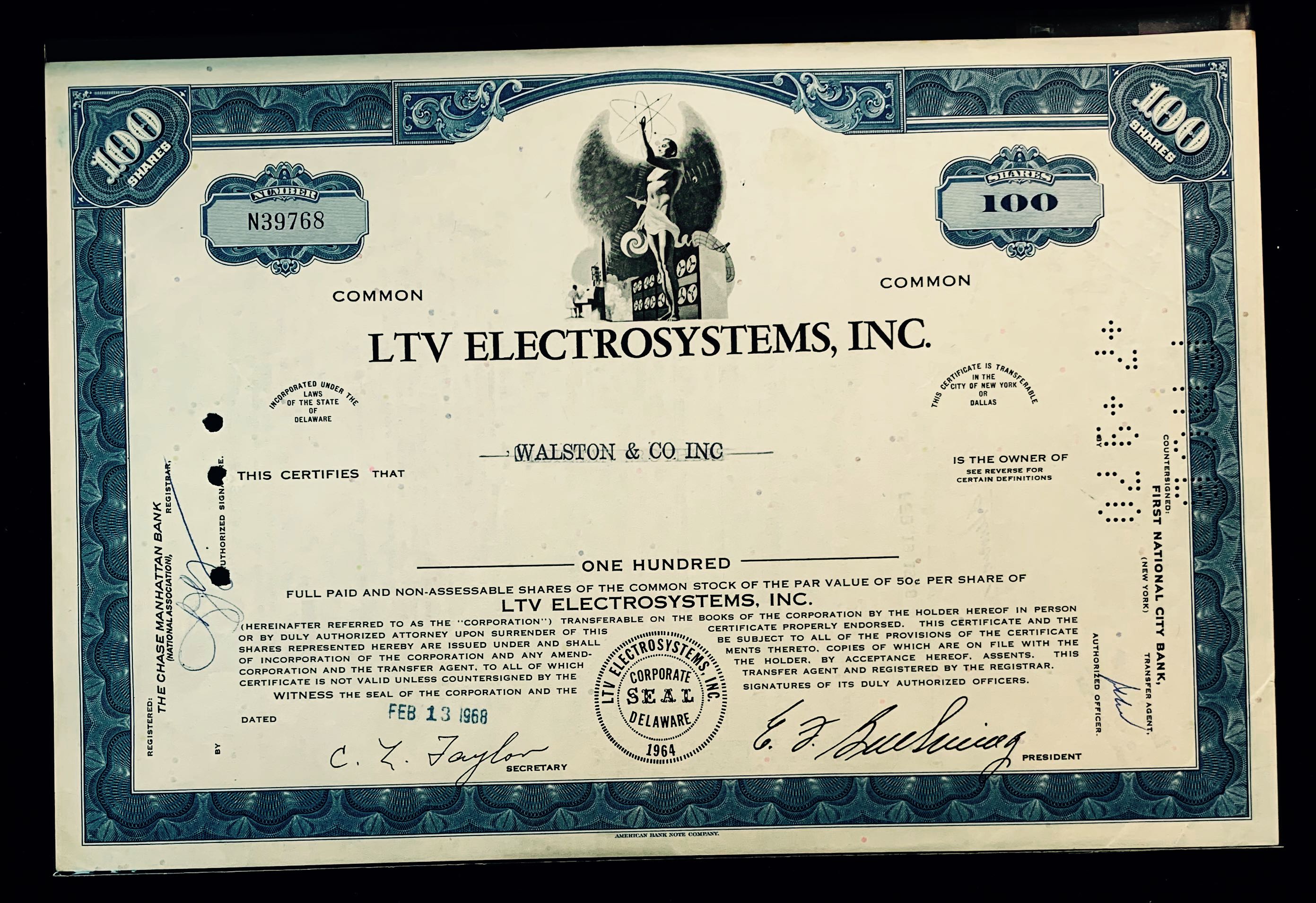 Inc Stock Certificate Ling-Temco-Vought 