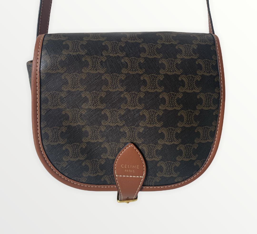 Celine Large Strap Folco Bag Triomphe Tan In Coated Canvas With Gold