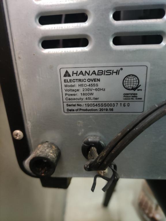Hanabishi Electric Oven 45L (Category: Bakeware) located in Pasig City. Submitted by aislinn44 (Listing ID 1134552609, Image 3). Description: Hanabishi Electric Oven HEO45SS Slightly used, good working condition Please see photos 45-liter capacity 60 min. timer with bell ring Thermostat control up to 250°C Stainless steel heating elements Convection function Rotisserie function Inner light Indicator lamp 5 Stages of heating & function selector 56
