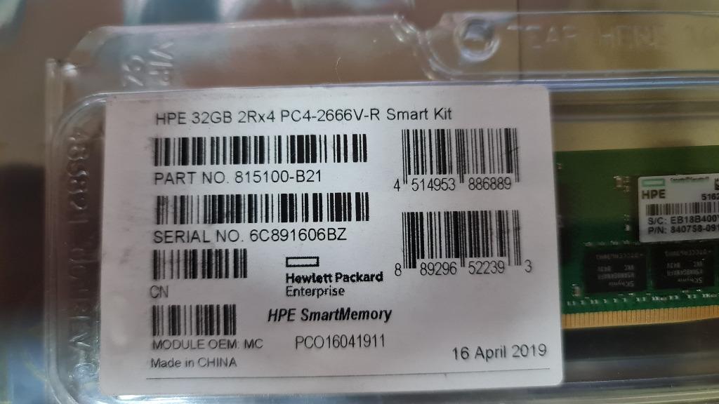 HPE 32GB (1x32GB) Dual Rank x4 DDR4-2666 CAS-19-19-19 Registered Smart  Memory Kit