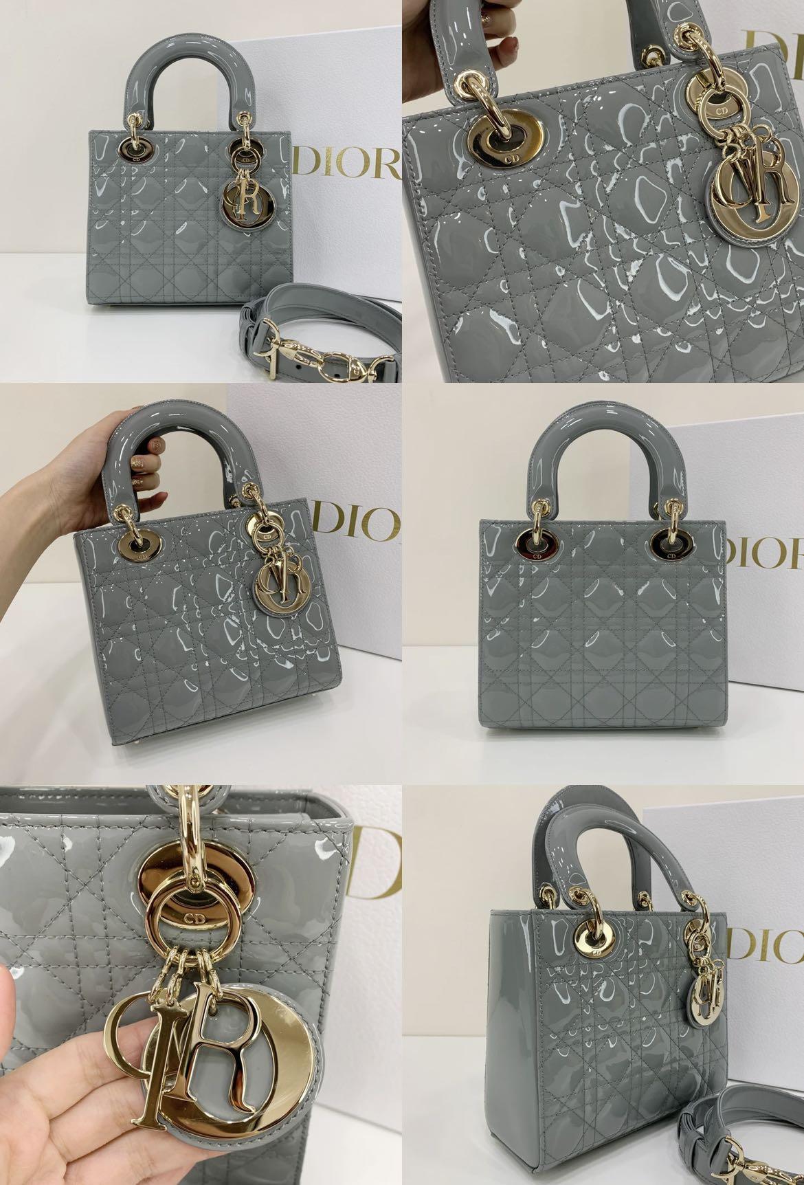 LADY DIOR SMALL in Grey Patent Leather LGHW, Luxury, Bags 
