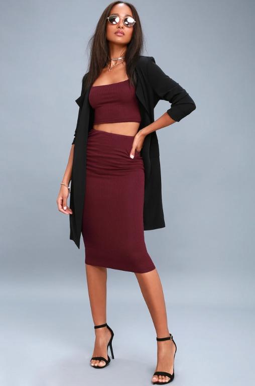 Lulus Burgundy Two-Piece Bodycon Midi Dress, Women's Fashion
