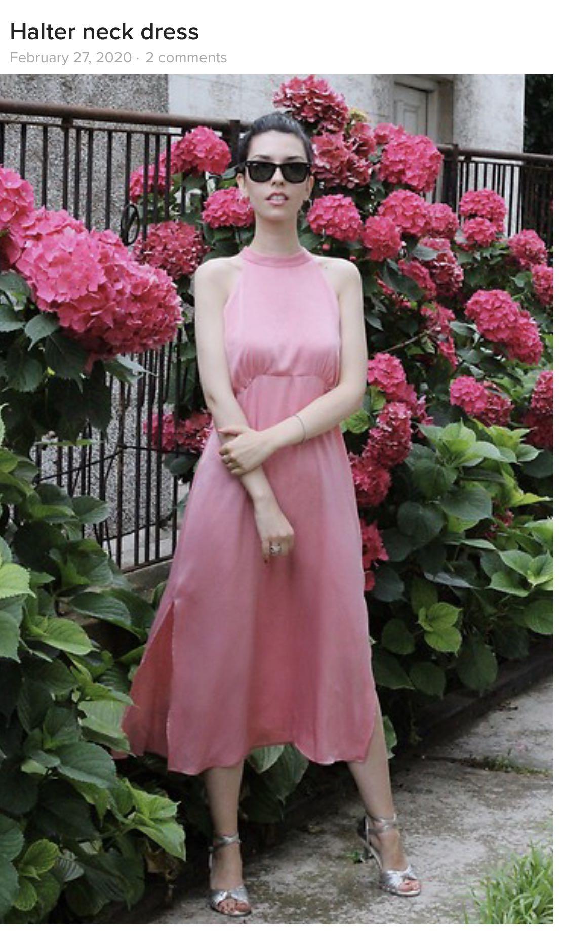 pink halterneck midi dress