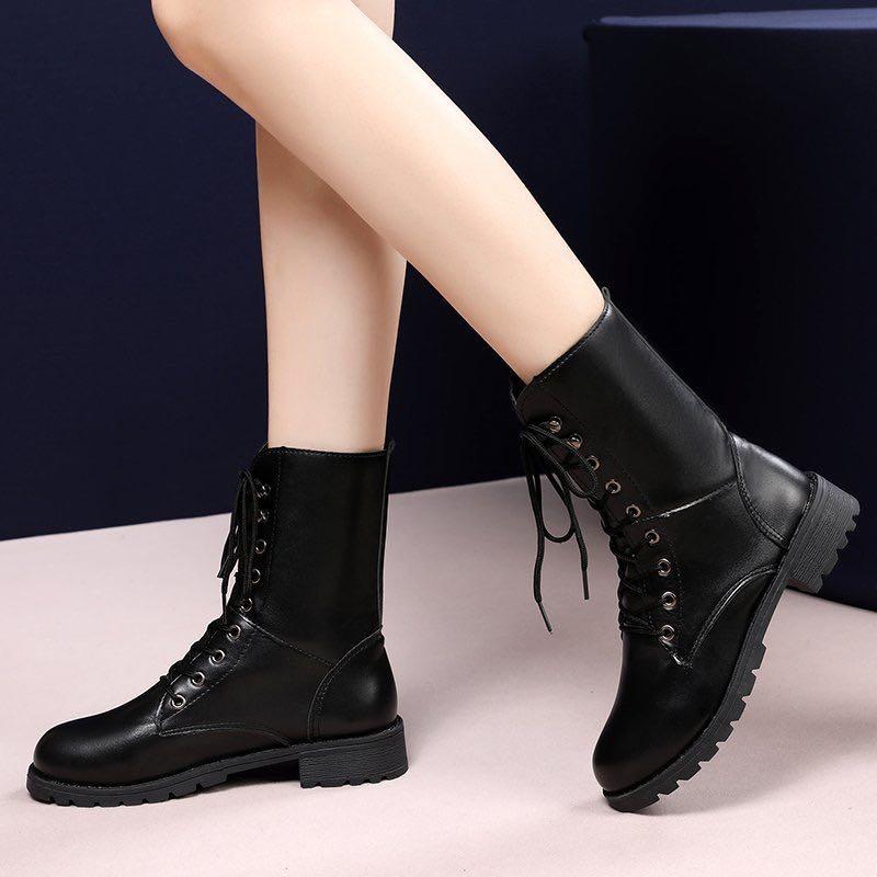 Women s Mid calf Boots Black Motorcycle Boots Lace up Leather