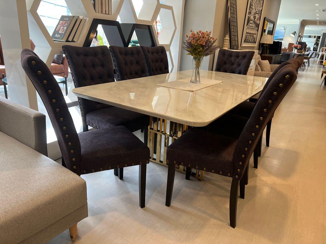 7ft marble top c/w rose gold leg dining set, Furniture & Home Living