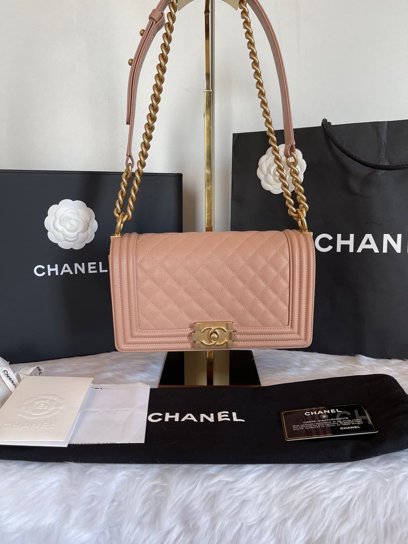 Authentic Chanel Leboy Old Medium Caviar in Nude Beige AGHW