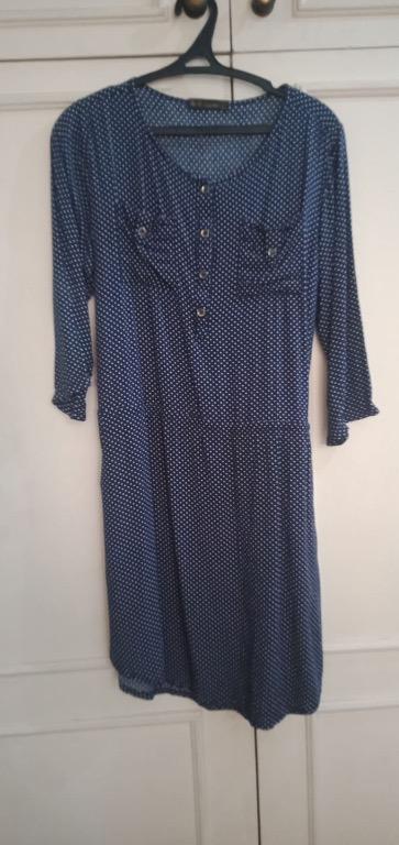 Blue dotted 3/4 sleeves dress with pockets (Category: Dresses) located in Manila. Submitted by mimi0023 (Listing ID 1129515040, Image 1). Description: Loose waist garter. May replace garter or put belt over to give shape.